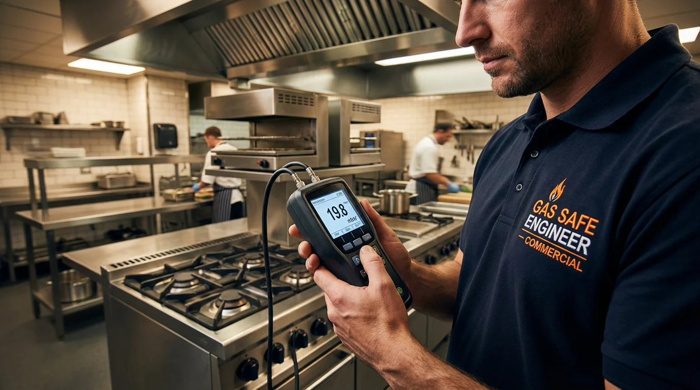 Engineer inspecting commercial kitchen ventilation and appliances